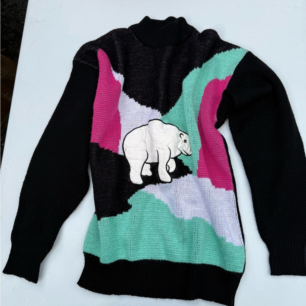 Vintage White Stag Black, Pink, Teal Polar Bear Sweater